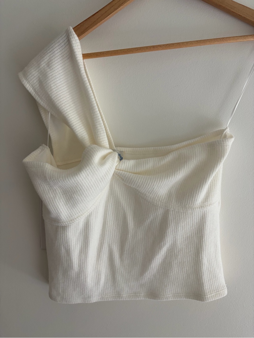 Anthropologie- Blue Rain Cream One-Shoulder Ribbed Top